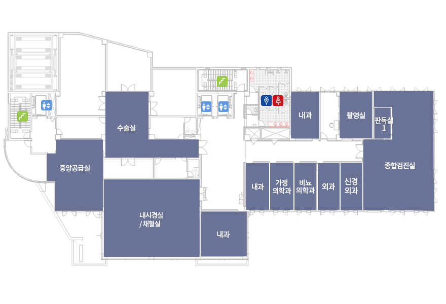 광주희망병원 2층 안내도이미지 - 수술실, 중앙공급실, 진단검사의학실/채혈실, 외과, 내과, 비뇨의학과, 내시경실, 종합검진실, 초음파실, 촬영실, 가정의학과 등이 있음