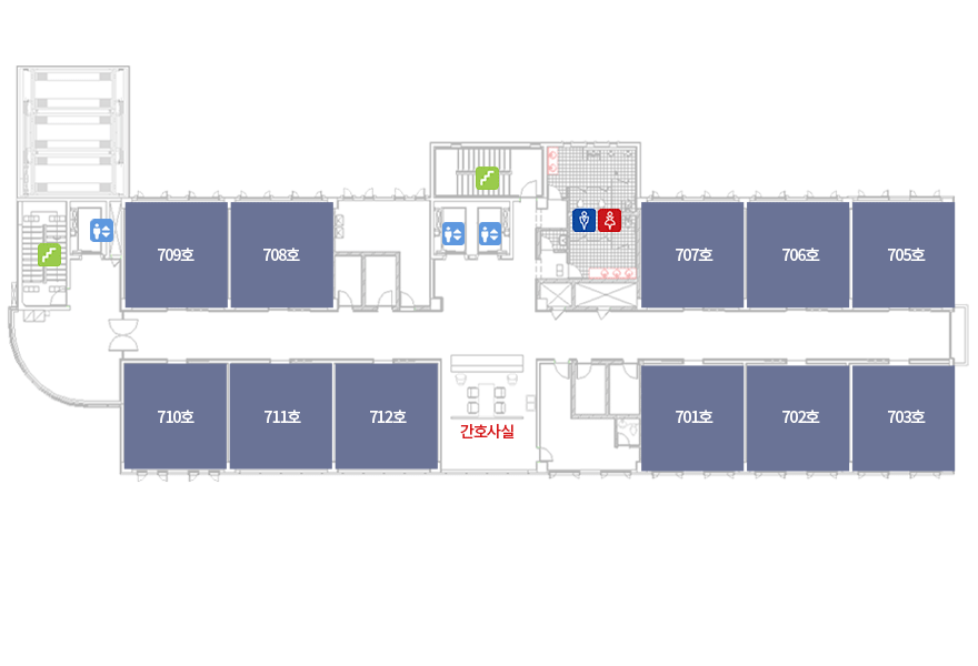 광주희망병원 7층 안내도이미지 - 병실 701~712호(704호 제외), 간호사실 등이 있음